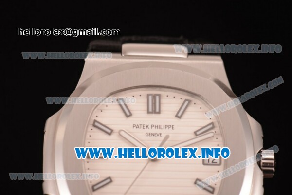 Patek Philippe Nautilus Clone PP Calibre 3120 Automatic Steel Case with White Dial Stick Markers and Black Leather Strap (BP) - Click Image to Close